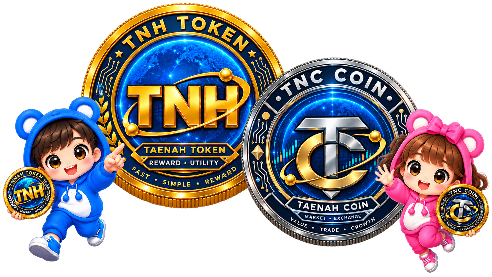 TNH Token and TNC Coin with TaeNah mascots